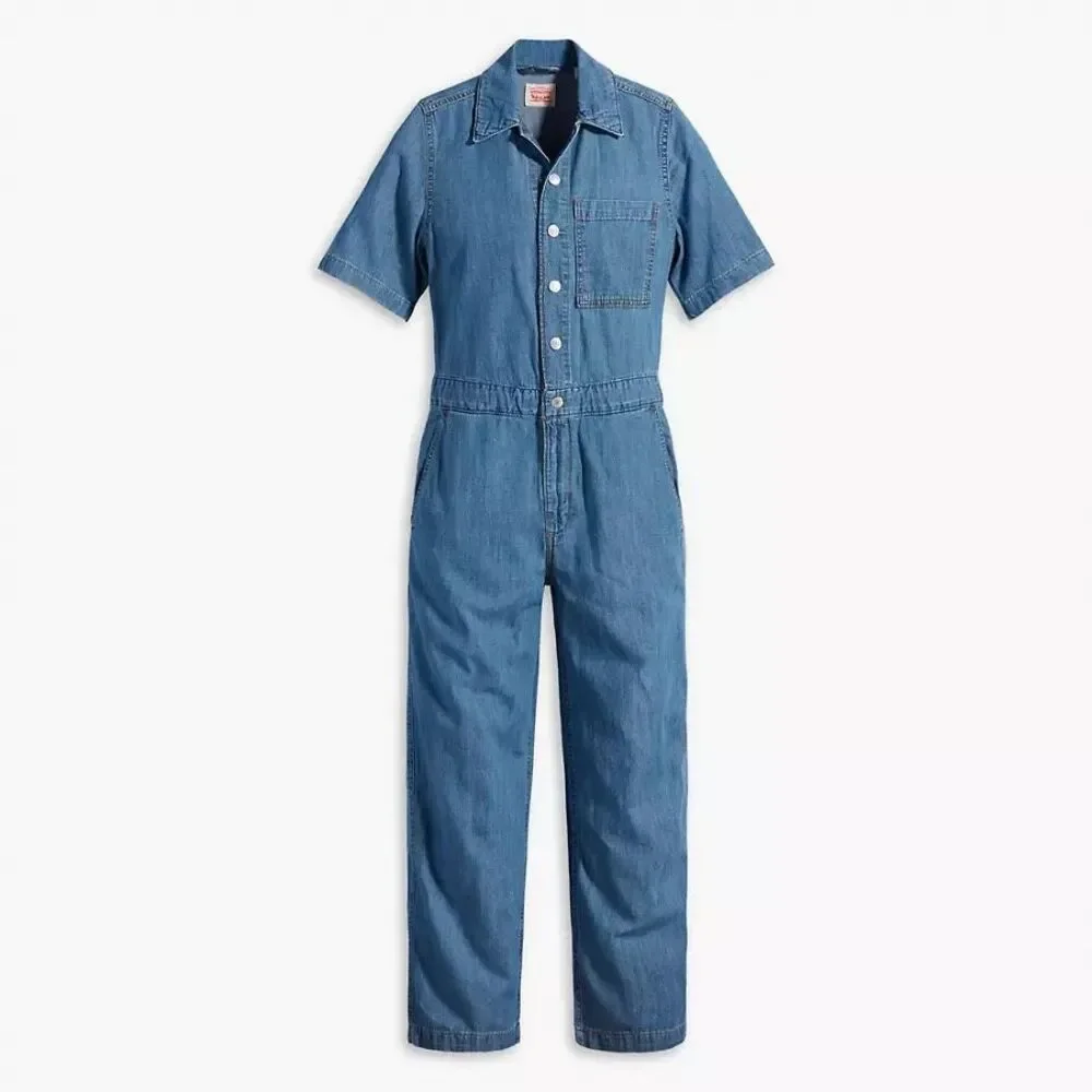 Levi’s Strauss Denim Jumpsuit Sz L Button Down Stretch - Picture 2 of 11